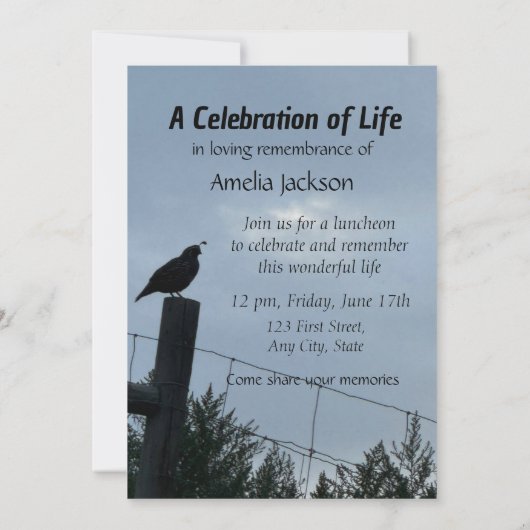Memorial Service nodigt California Quail Bird uit Kaart (Achterkant)