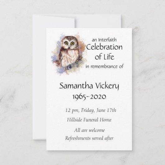 Memorial Service nodigt Cute Owl Bird uit Kaart (Achterkant)