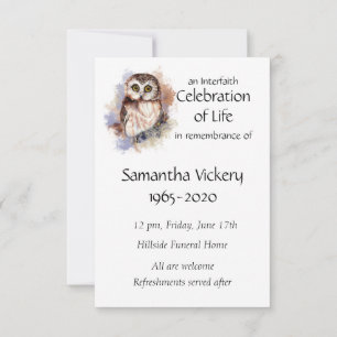 Memorial Service nodigt Cute Owl Bird uit Kaart