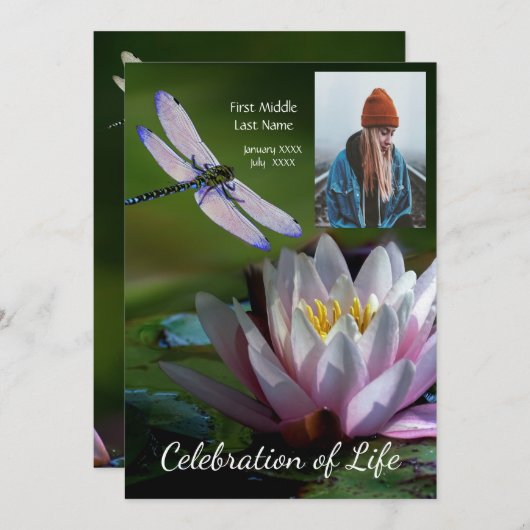 Memorial Service nodigt Dragonfly Lotus Flower uit Kaart (Voorkant / Achterkant)