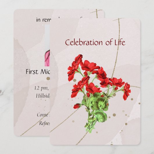 Memorial Service nodigt Geranium Flower Art uit Kaart (Voorkant / Achterkant)