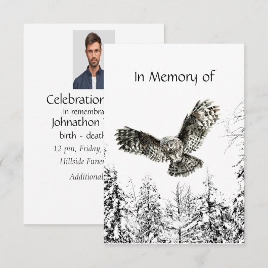 Memorial Service nodigt Masculine Owl Bird Art uit Kaart (Voorkant / Achterkant)