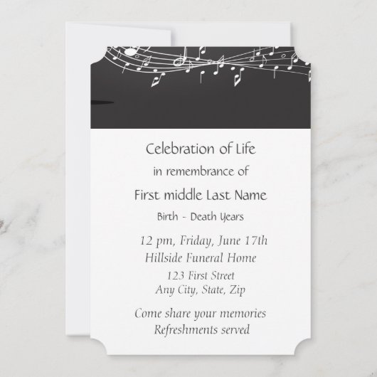 Memorial Service nodigt Muzieknoten uit Kaart (Achterkant)