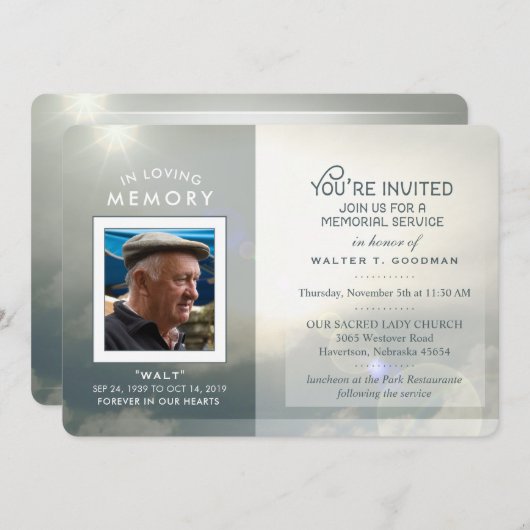 Memorial Service nodigt Peaceful Clouds Blue White Kaart (Voorkant / Achterkant)