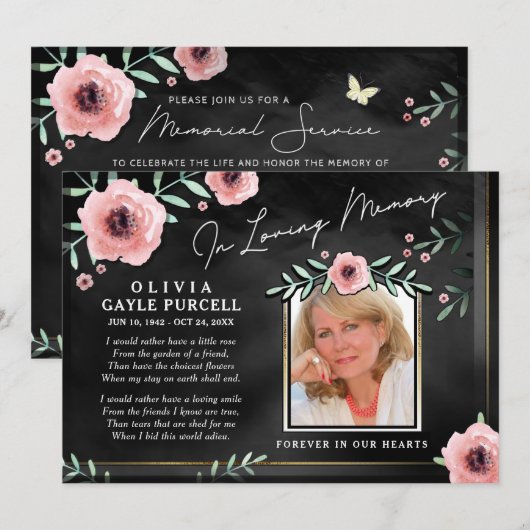 Memorial Service nodigt Roze en Zwarte Floral uit Kaart (Voorkant / Achterkant)