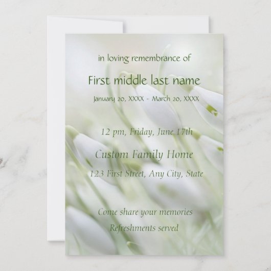 Memorial Service nodigt Snowdrop Garden Flowers ui Kaart (Achterkant)