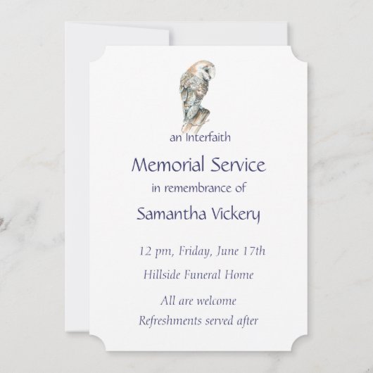 Memorial Service nodigt Waterverf Barn Owl uit Kaart (Achterkant)