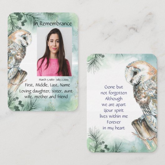 Memorial Service nodigt Waterverf Barn Owl uit Visitekaartje (Voorkant / Achterkant)