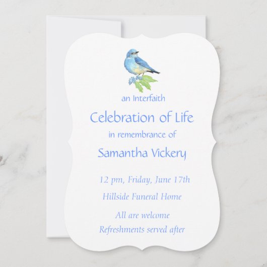 Memorial Service nodigt Waterverf Bluebird Bird ui Kaart (Achterkant)