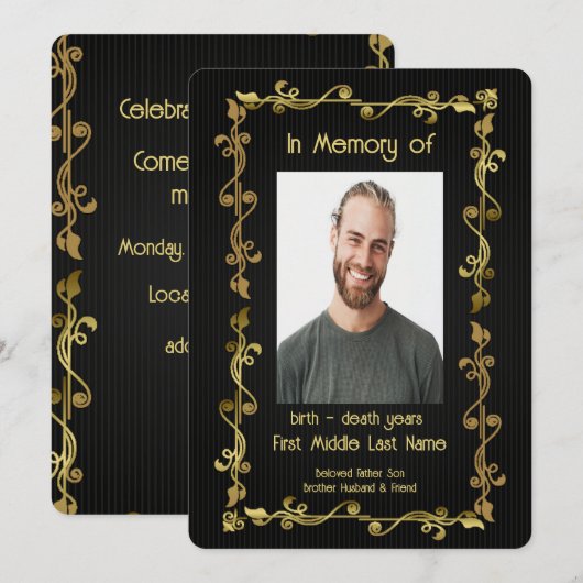 Memorial Service Noite Classic Modern Black Gold Kaart (Voorkant / Achterkant)