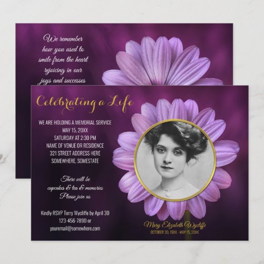 Memorial Service Paars Daisy Gold Photo Lijst Kaart (Voorkant / Achterkant)