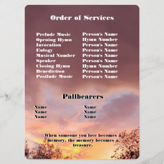Memorial Service Rode zonsondergang met bomen Foto Programmakaart (Achterkant)