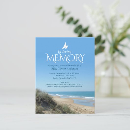 Memorial service strand uitvaart uitnodigingen (Staand voorkant)