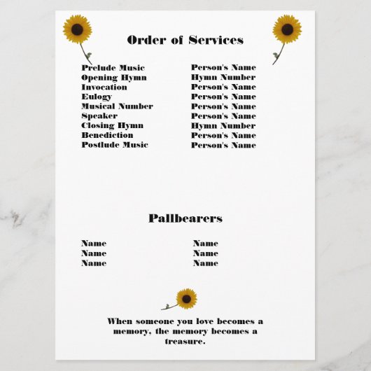Memorial Service Sunflower Photo Program Programmakaart (Achterkant)