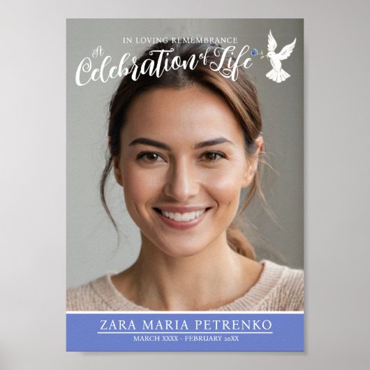 Memorial service uitvaart duif blauw roos foto poster (Voorkant)