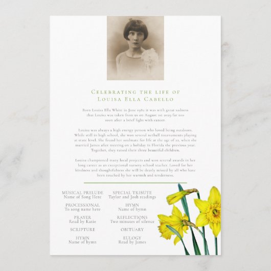 Memorial Service yellow daffodils begrafenisprogra Programmakaart (Achterkant)