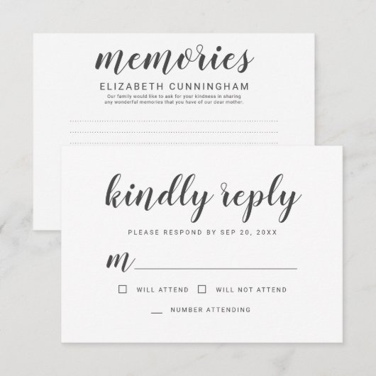 Memorial Simple Cursive Memories Kindly Reply RSVP Kaartje (Voorkant / Achterkant)