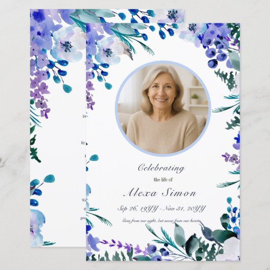 Memorial Soft Blue Floral begrafenisprogramma (Voorkant / Achterkant)