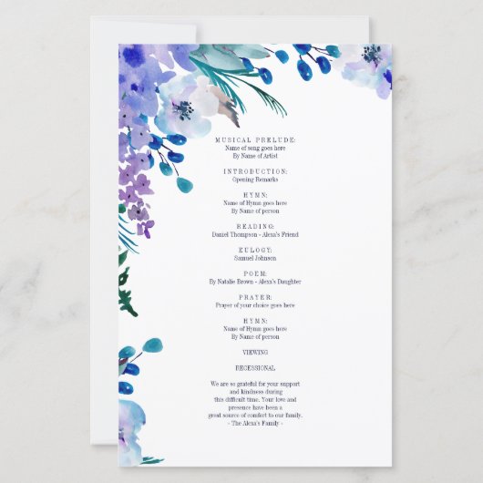 Memorial Soft Blue Floral begrafenisprogramma (Achterkant)