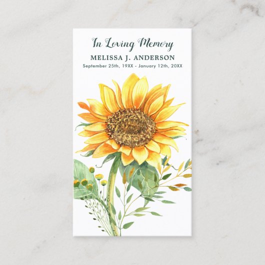 Memorial Sunflower Floral Funeral Prayer Kaart Contactkaartje (Voorkant)