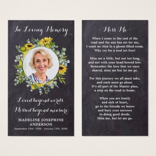 Memorial Sunflower Funeral Prayer Kaart Chalkboard (Voorkant /achterkant)