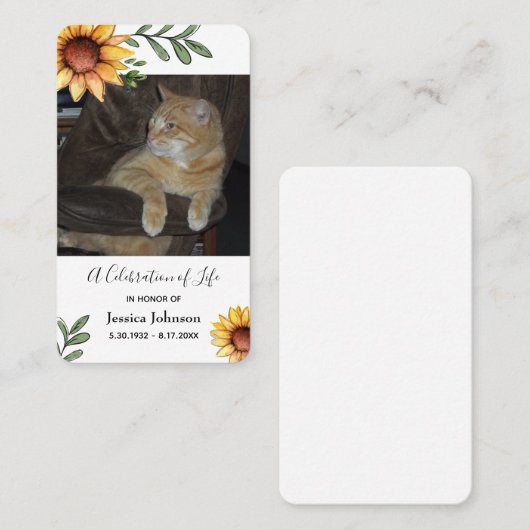 Memorial Sunflower Pray Card met één fotooptie Visitekaartje (Voorkant / Achterkant)
