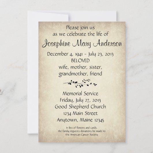 Memorial van Leafy Vine Design Kaart (Achterkant)