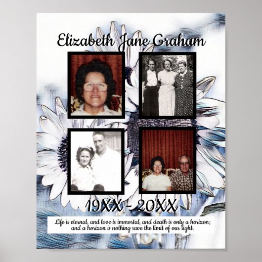 Memorial vier foto blauw wit digitale zonnebloemen poster (Voorkant)