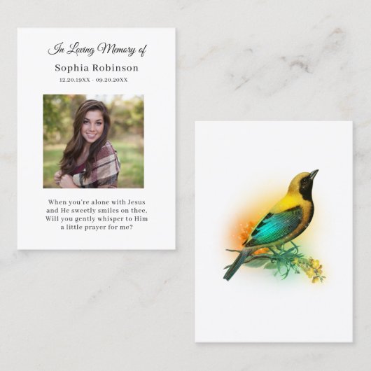 Memorial Vogelfoto Begrafenisgebed Kaart Visitekaartje (Voorkant / Achterkant)