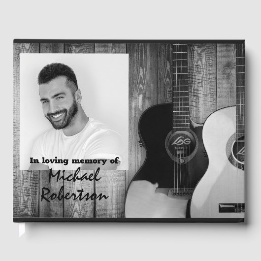 Memorial voor zwarte en witte elektrische gitaren gastenboek (Voorkant)