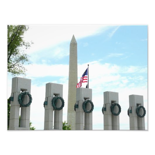 Memorial Washington Monument en WWII in DC Foto Afdruk (Voorkant)