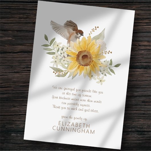 Memorial Waterverf Bird and Sunflower Botanicals Bedankkaart