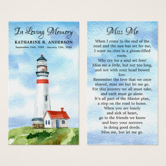 Memorial Waterverf Lighthouse Funeral Prayer Kaart (Voorkant /achterkant)