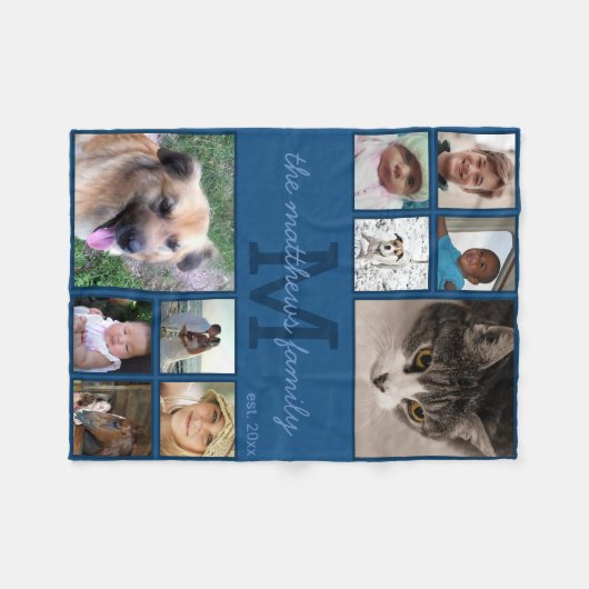 Memories Classic Blue Monogram 10 Foto Collage Fleece Deken (Voorkant (Horizontaal))