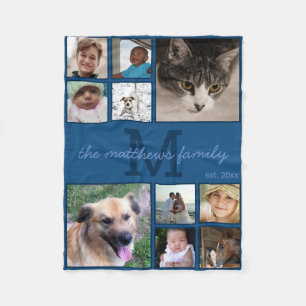 Memories Classic Blue Monogram 10 Foto Collage Fleece Deken