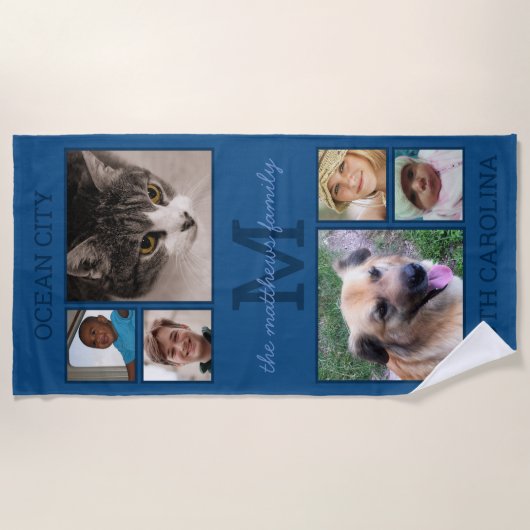 Memories Classic Blue Monogram 6 Foto Collage Strandlaken (Voorkant)