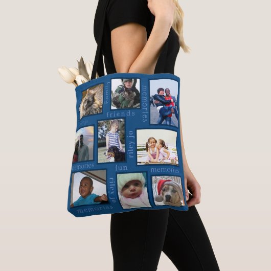 Memories Classic Blue Trendy 18 Photo Collage Tote Bag (Dichtbij)