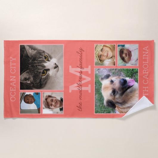 Memories Koraal Monogram 6 Foto Collage Strandlaken (Voorkant)