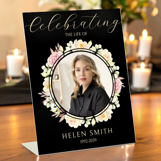 Memory Funeral Photo Floral Wreath Black Reclamebord Met Voetstuk