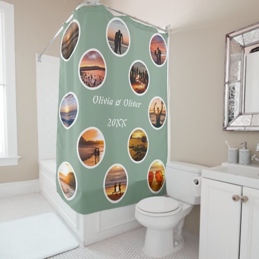 Memory Photo Collage Polka Dot Monogramed Douchegordijn (In situ)