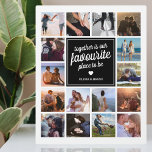 Memory Square Photo Collage Fotoplaat<br><div class="desc">Een speciaal paar/een nieuw afbeelding met een scherpe witte achtergrond die kan worden gewijzigd in elke kleur,  16 foto's van uw keuze,  een zwart vierkant met de naam van de koppels,  een wit hartsymbool en de zoete tekst "samen is onze favoriete plek".</div>