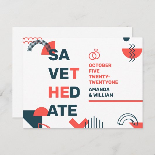 Memphare stijl Abstract blauw en rood huwelijk spa Aankondigingskaart (Voorkant / Achterkant)