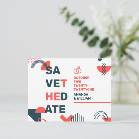 Memphare stijl Abstract blauw en rood huwelijk spa Aankondigingskaart (Staand voorkant)