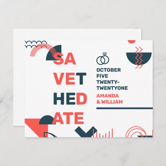 Memphare stijl Abstract rood en blauw huwelijk spa Aankondigingskaart (Voorkant / Achterkant)