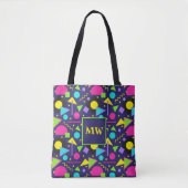 Memphis Blue Geometric Shapes 80s Monogram Tote Bag (Voorkant)
