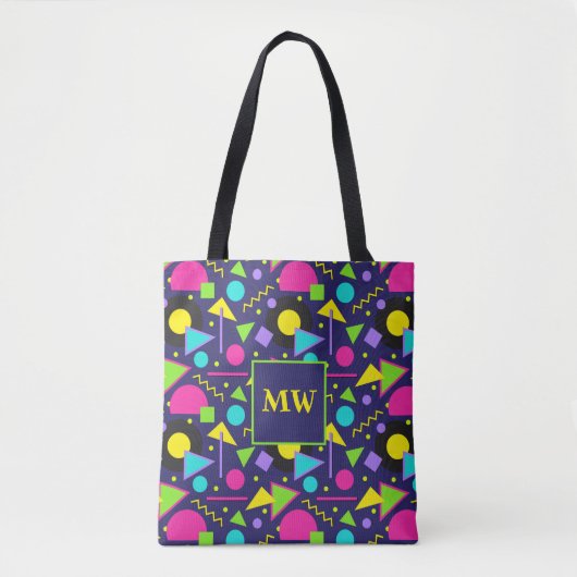 Memphis Blue Geometric Shapes 80s Monogram Tote Bag (Voorkant)