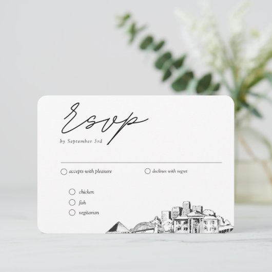 Memphis Bruiloft Traditionele RSVP Maaltijden Opti Informatiekaartje (Staand voorkant)