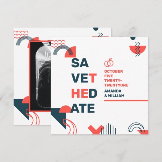 Memphis Style Abstract Blue & Red Wedding Save The Date (Voorkant / Achterkant)