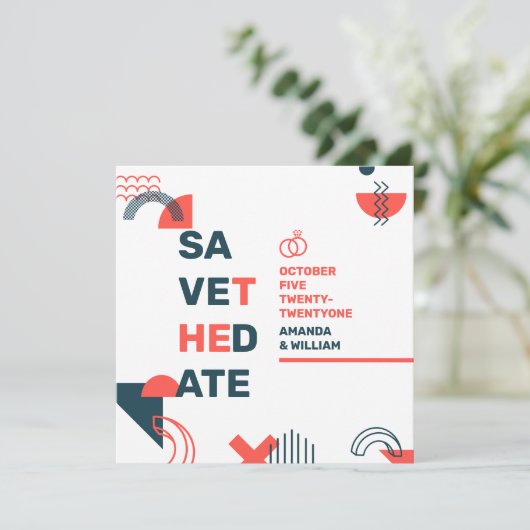 Memphis Style Abstract Blue & Red Wedding Save The Date (Staand voorkant)