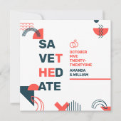 Memphis Style Abstract Blue & Red Wedding Save The Date (Voorkant)